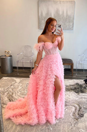 Pink Tulle Long A-Line Prom Dress with Train, Off the Shoulder Formal Dress