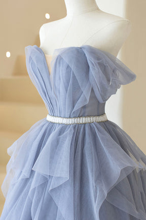 Blue Tulle Long A-Line Prom Dress, Cute Strapless Graduation Dress