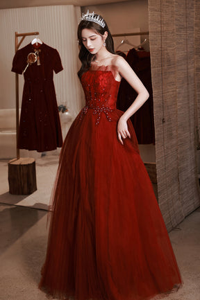 Burgundy Tulle Long Prom Dress with Lace, A-Line Strapless Evening Dress