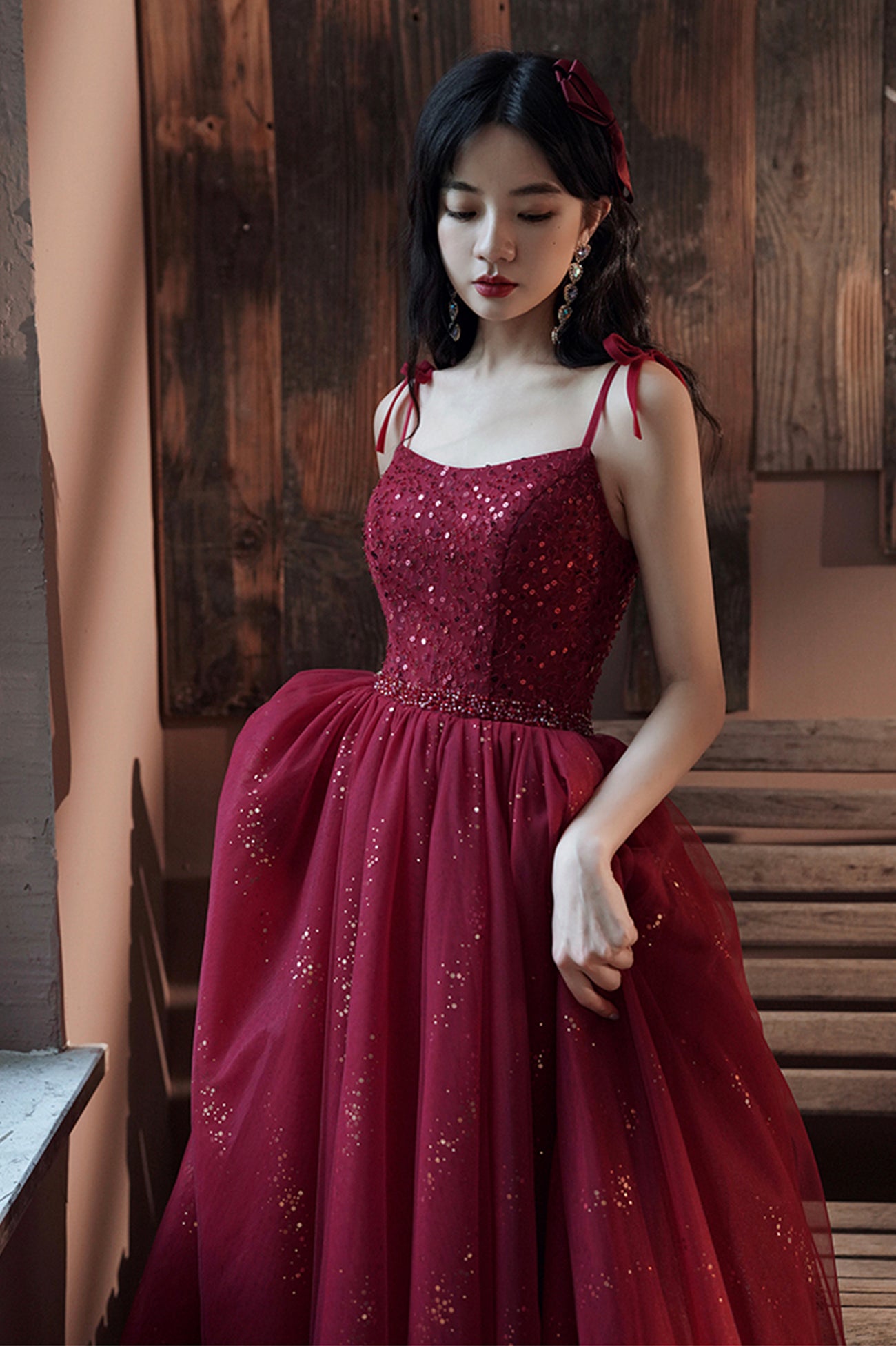 Burgundy Tulle Sequins Long Prom Dress, Spaghetti Straps Evening Party Dress
