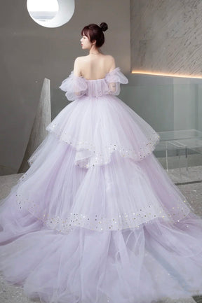 Purple Tulle Layers Long A-Line Prom Dress, Cute Long Sleeve Evening Gown