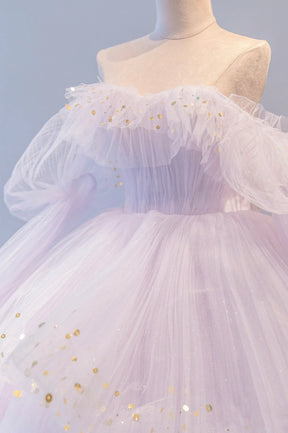 Purple Tulle Layers Long A-Line Prom Dress, Cute Long Sleeve Evening Gown