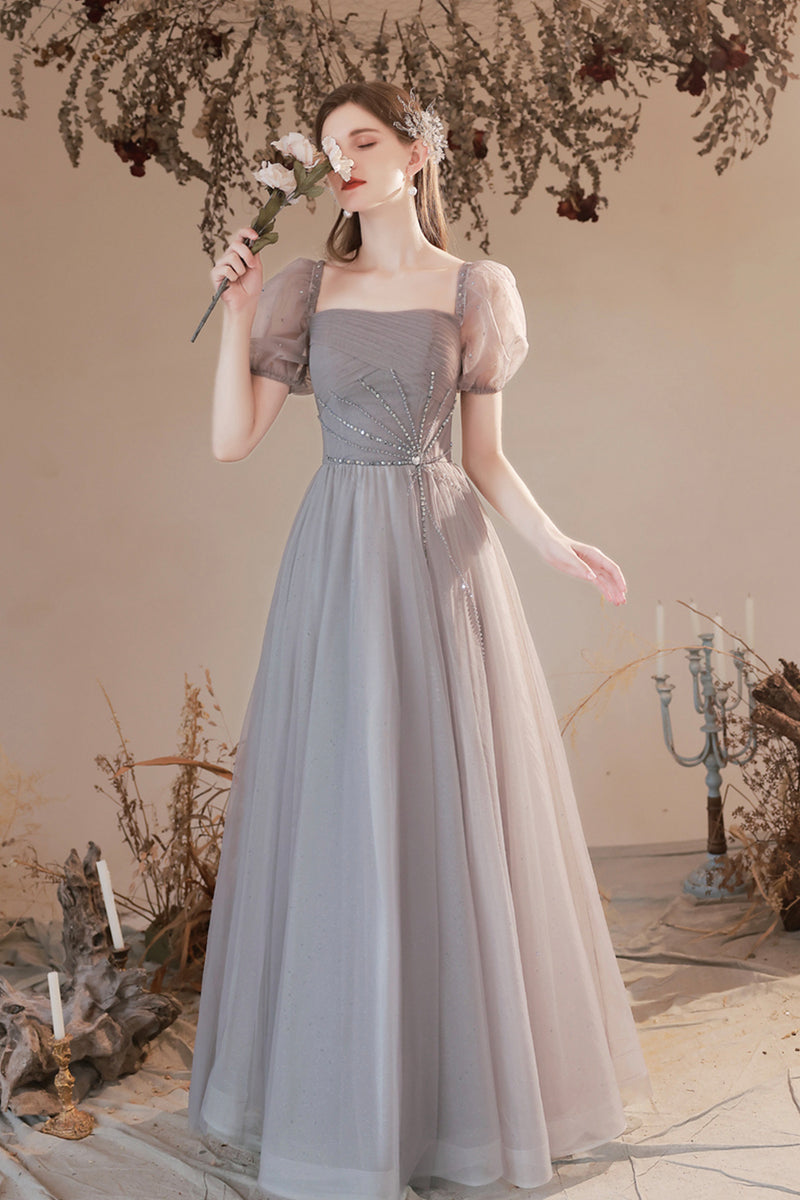 gray beaded prom dress Glamorous Light Grey Tulle Beaded Long Prom Gown with Cape – Modsele main image 0