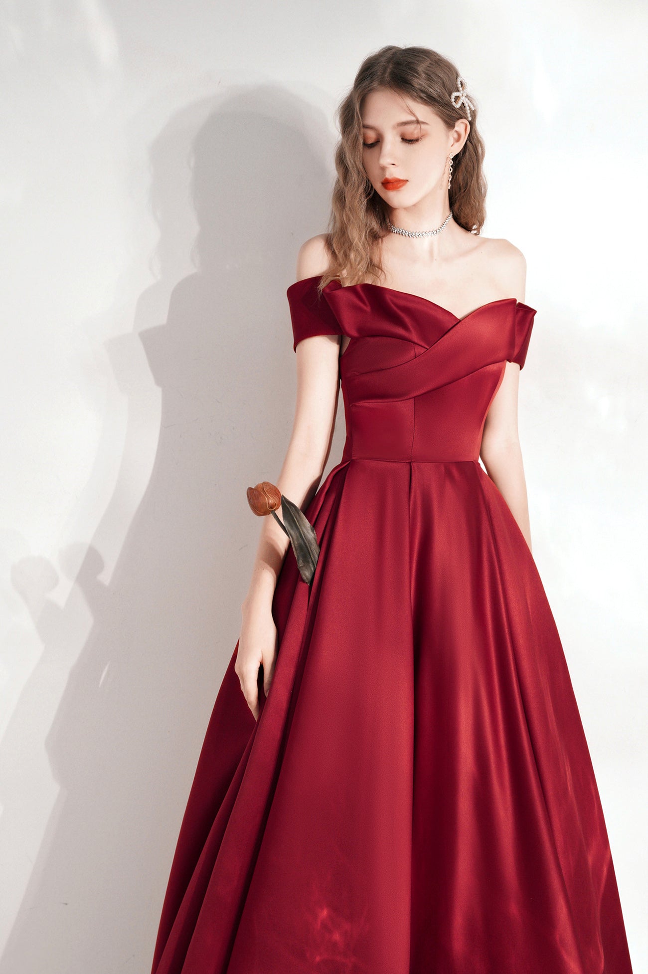 Burgundy Satin Long A-Line Prom Dress, Cute Off the Shoulder Evening Dress
