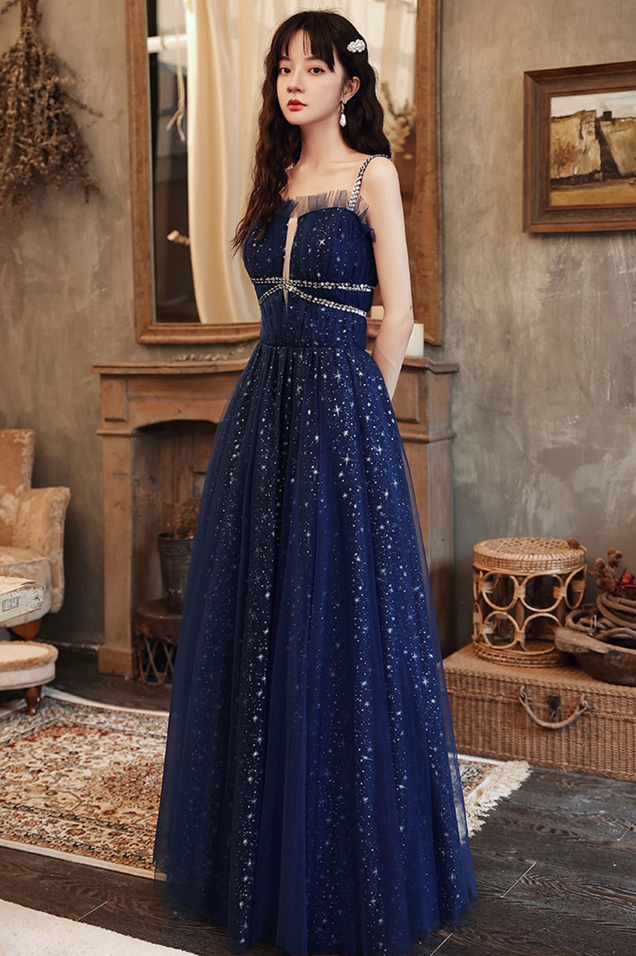 Blue Spaghetti Strap Tulle Prom Dress, A-Line Evening Graduation Dress