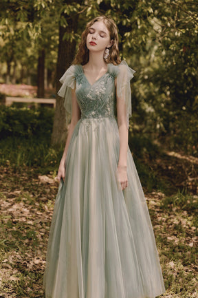 Green V-Neck Tulle Long Prom Dress, A-Line Evening Party Dress