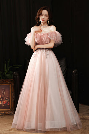 Pink Tulle Off the Shoulder Prom Dress, Lovely A-Line Graduation Dress