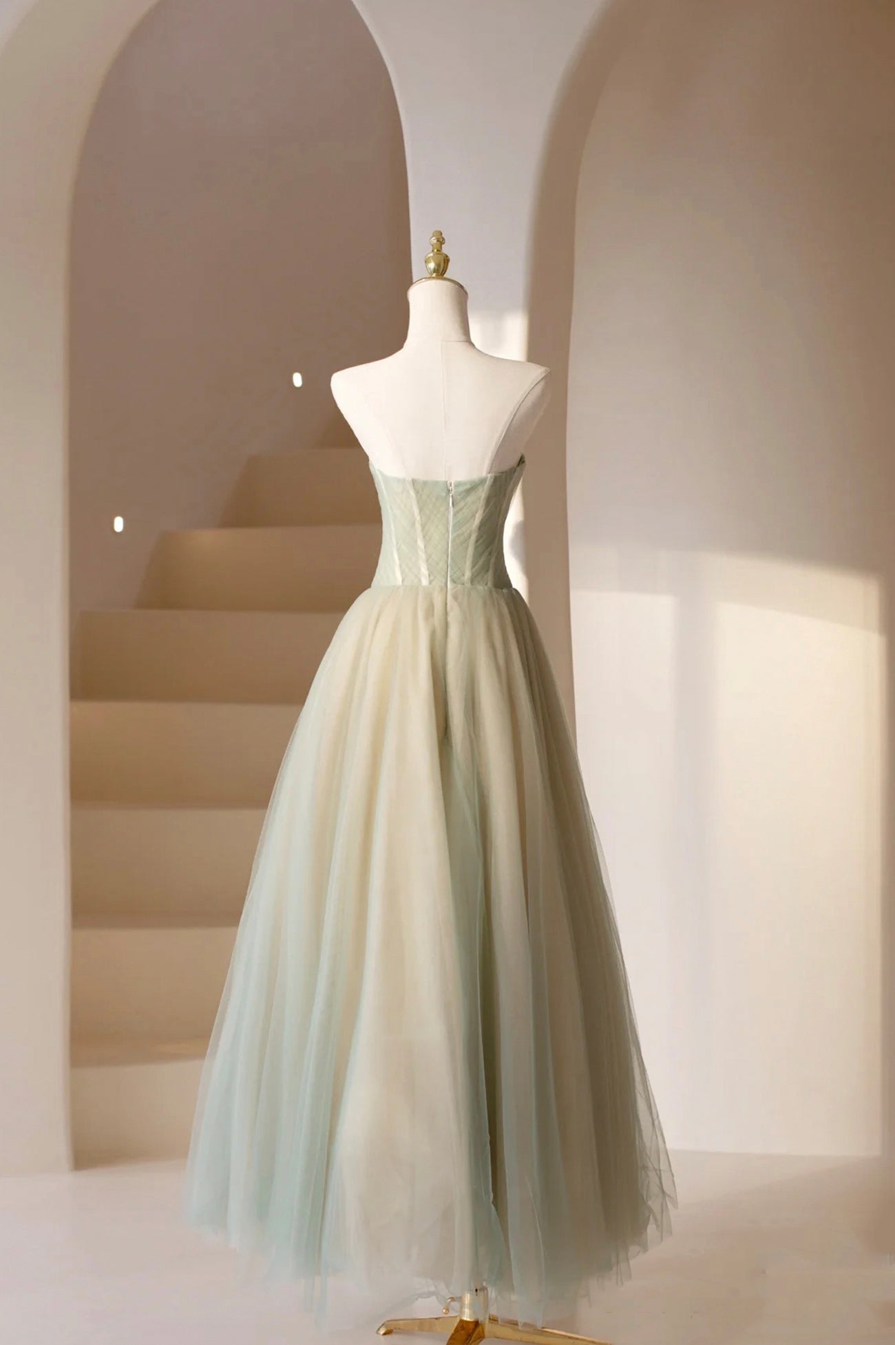 Cute Tulle Tea Length Prom Dress, Green A-Line Strapless Evening Party Dress