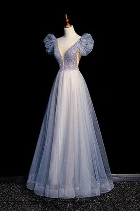 Blue V-Neck Tulle Long Prom Dress with Beaded, Elegant A-Line Formal Evening Dress