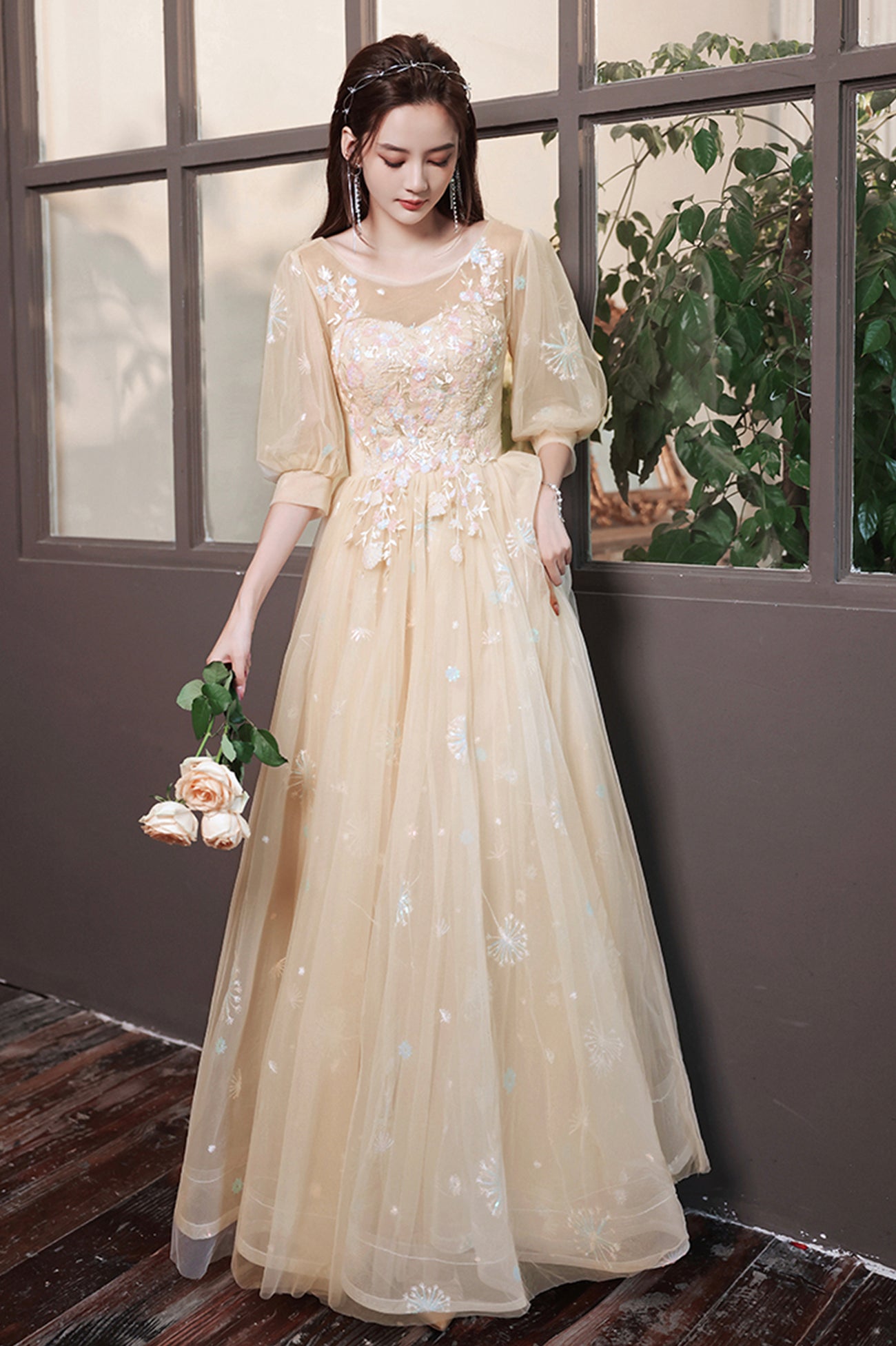 Champagne Scoop Tulle Long Prom Dress, Evening Graduation Celebration