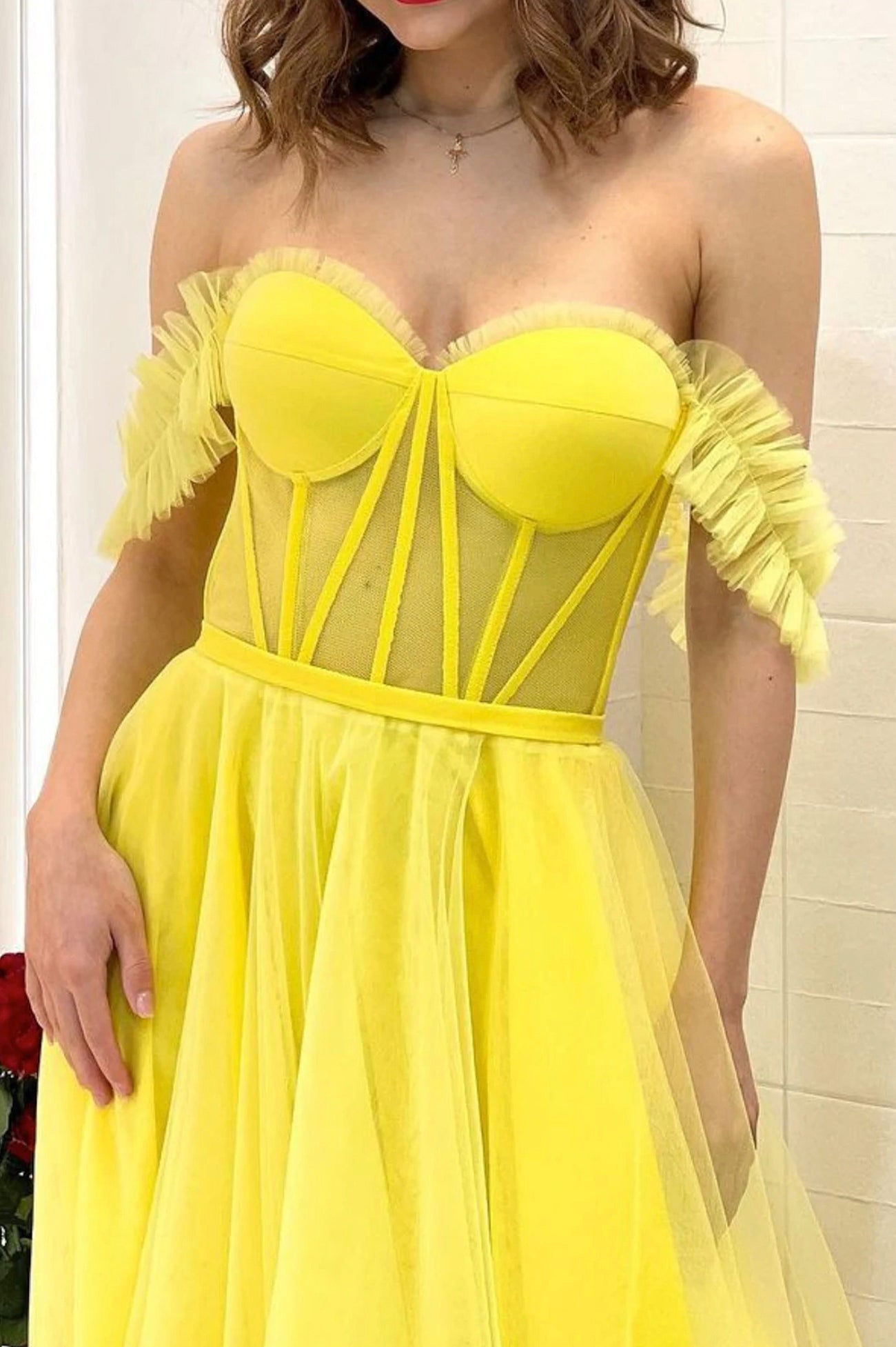 Yellow Tulle Long A-Line Prom Dress, Off the Shoulder Evening Party Dress
