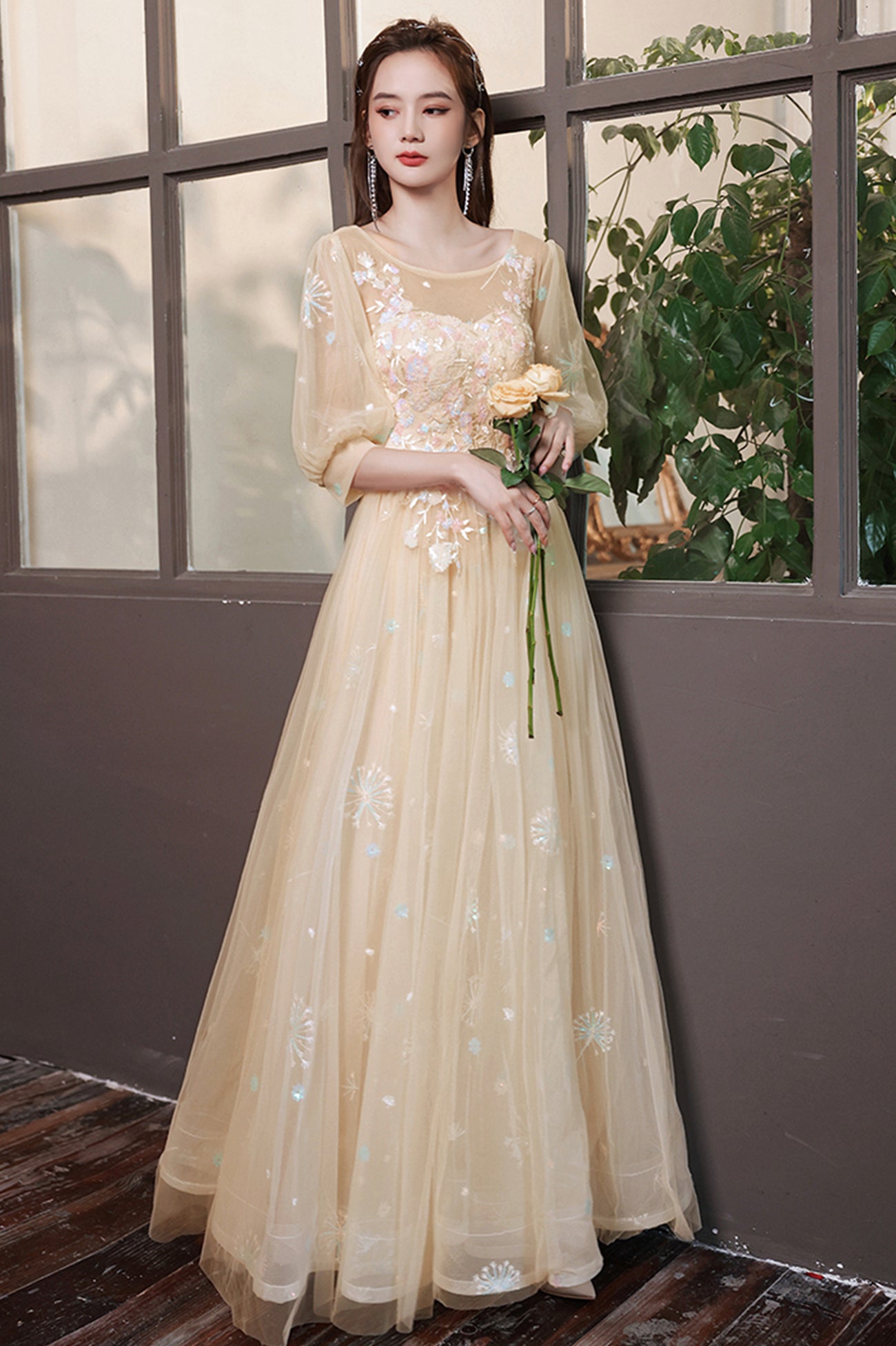 Champagne Scoop Tulle Long Prom Dress, Evening Graduation Celebration Champagne Scoop Tulle Long Prom Dress, Evening Graduation Celebration