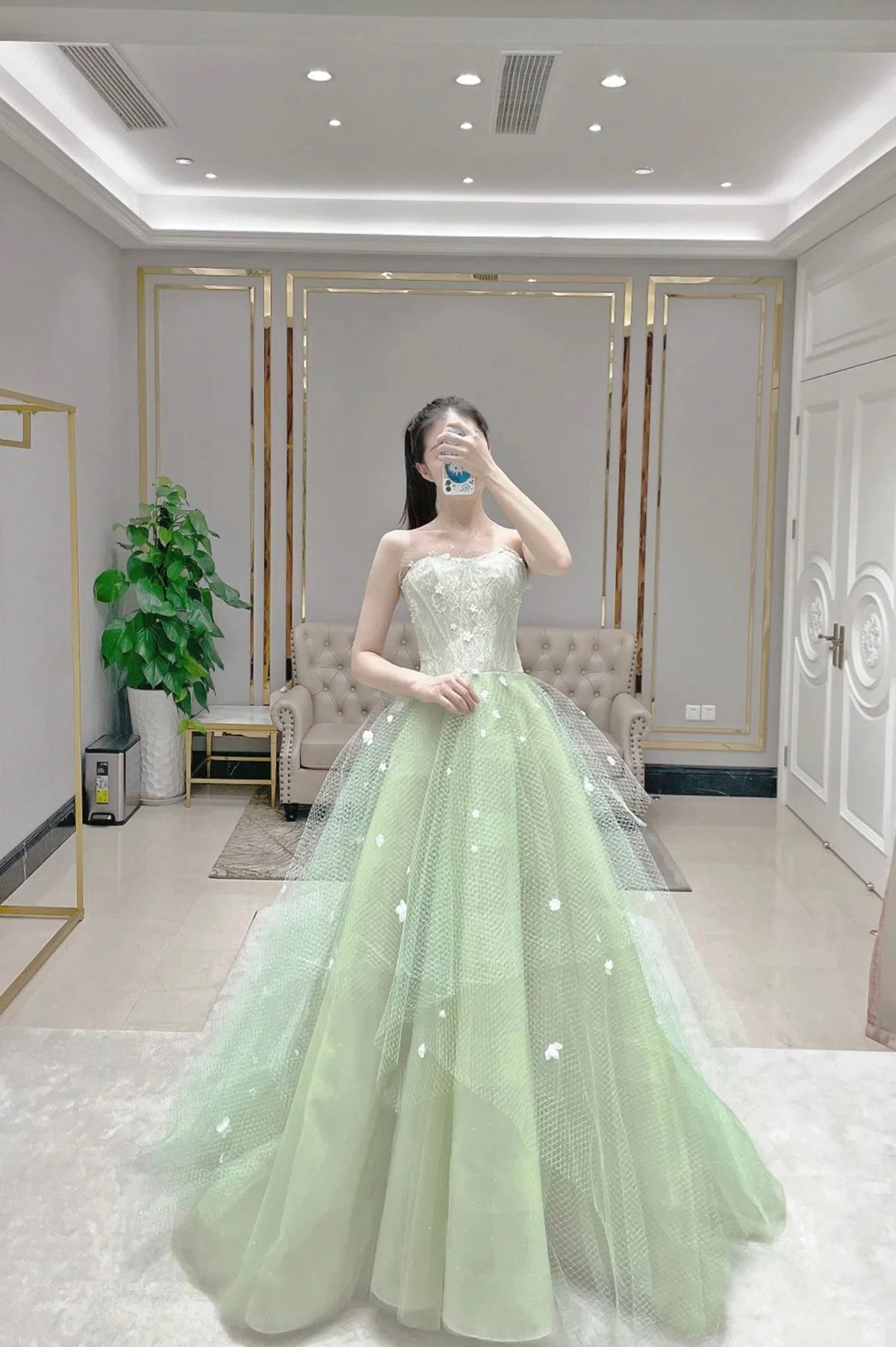 Green Tulle Long A-Line Prom Dress, Green Strapless Evening Graduation Dress