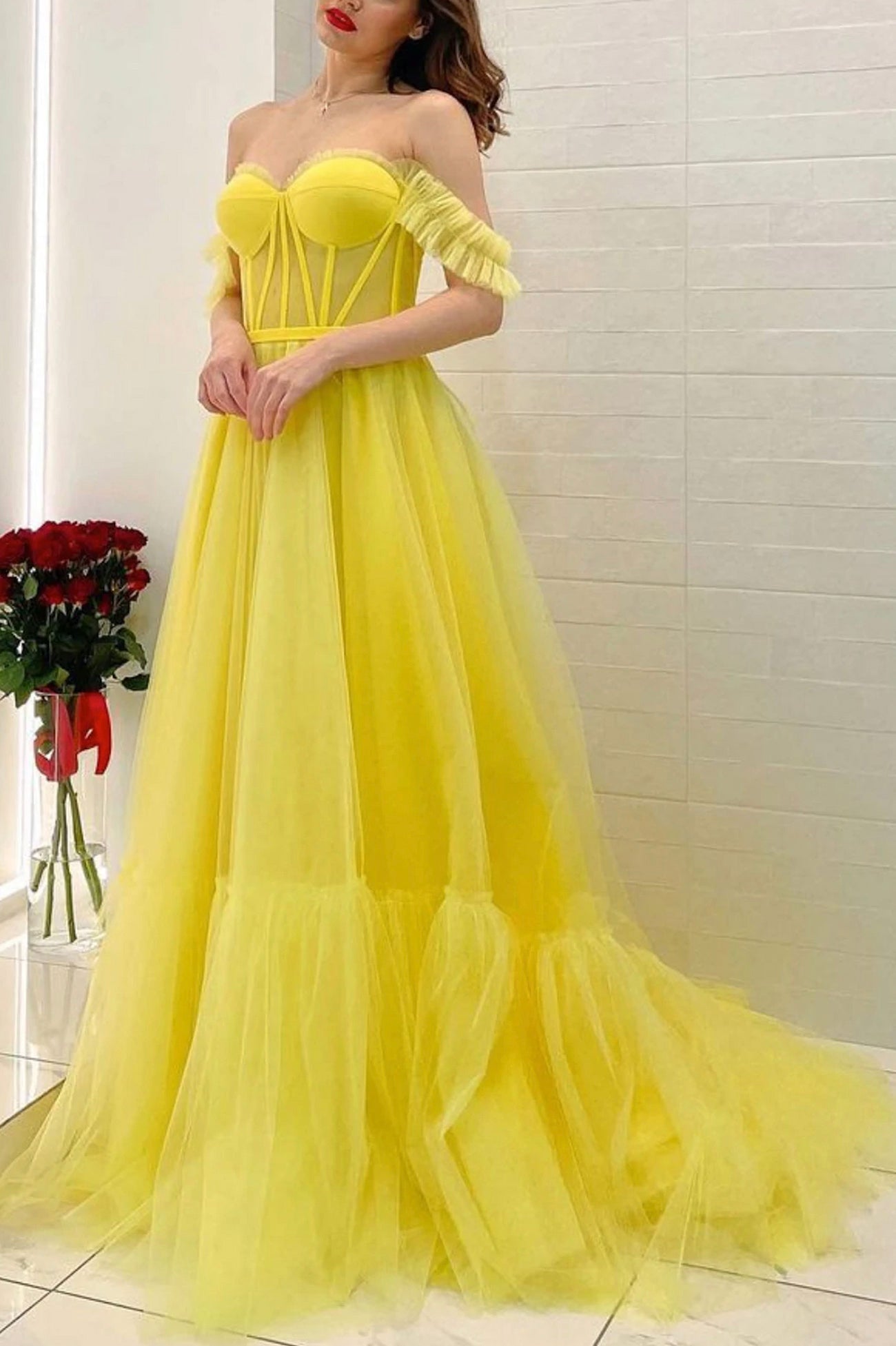 Yellow Tulle Long A-Line Prom Dress, Off the Shoulder Evening Party Dress