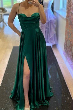 Green Satin Long A-Line Prom Dress, Simple Evening Dress with Slit
