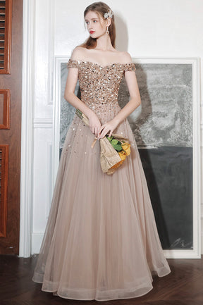 A-Line Tulle Long Prom Dress with Sequins, Lovely Off the Shoulder Evening Dress