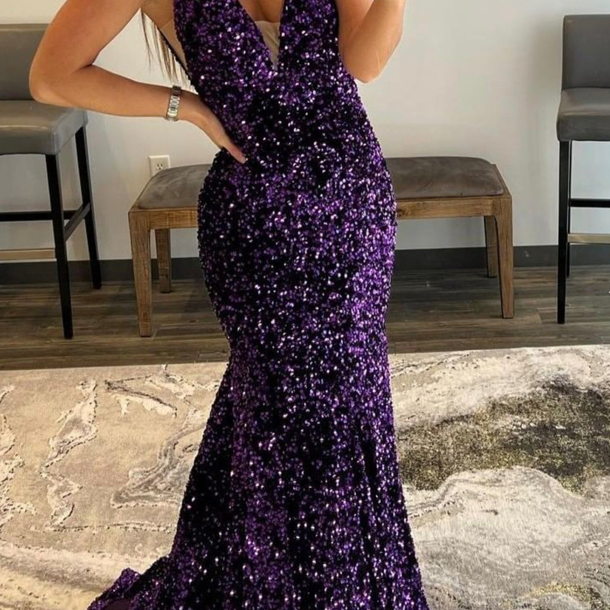 purple mermaid prom dress Purple Sequins Long Mermaid Prom Dress, Shiny V-Neck Evening Dress
