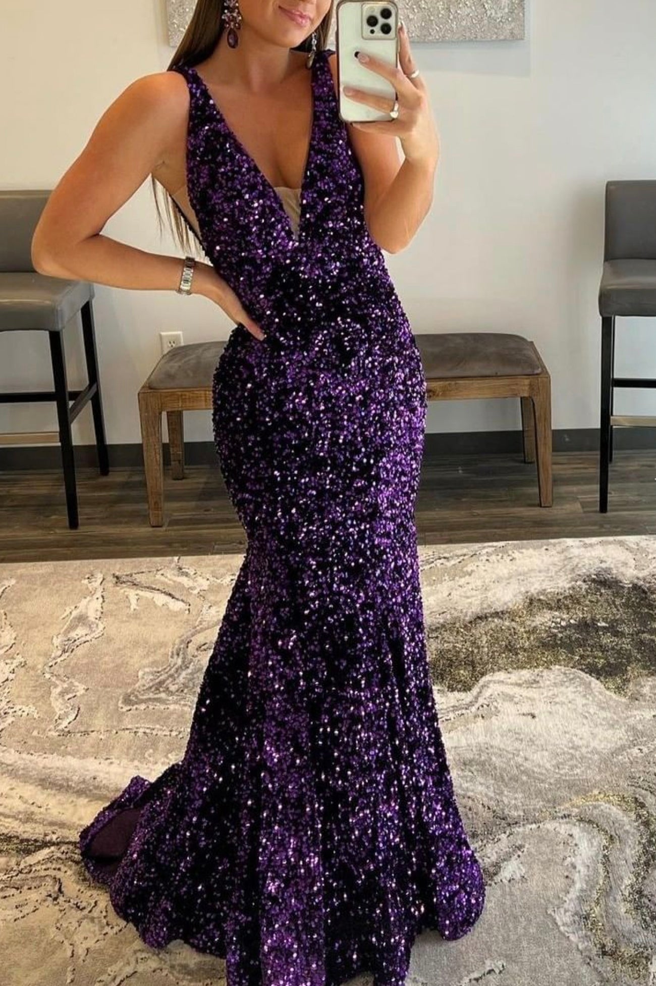 Purple Sequins Long Mermaid Prom Dress, Shiny V-Neck Evening Dress
