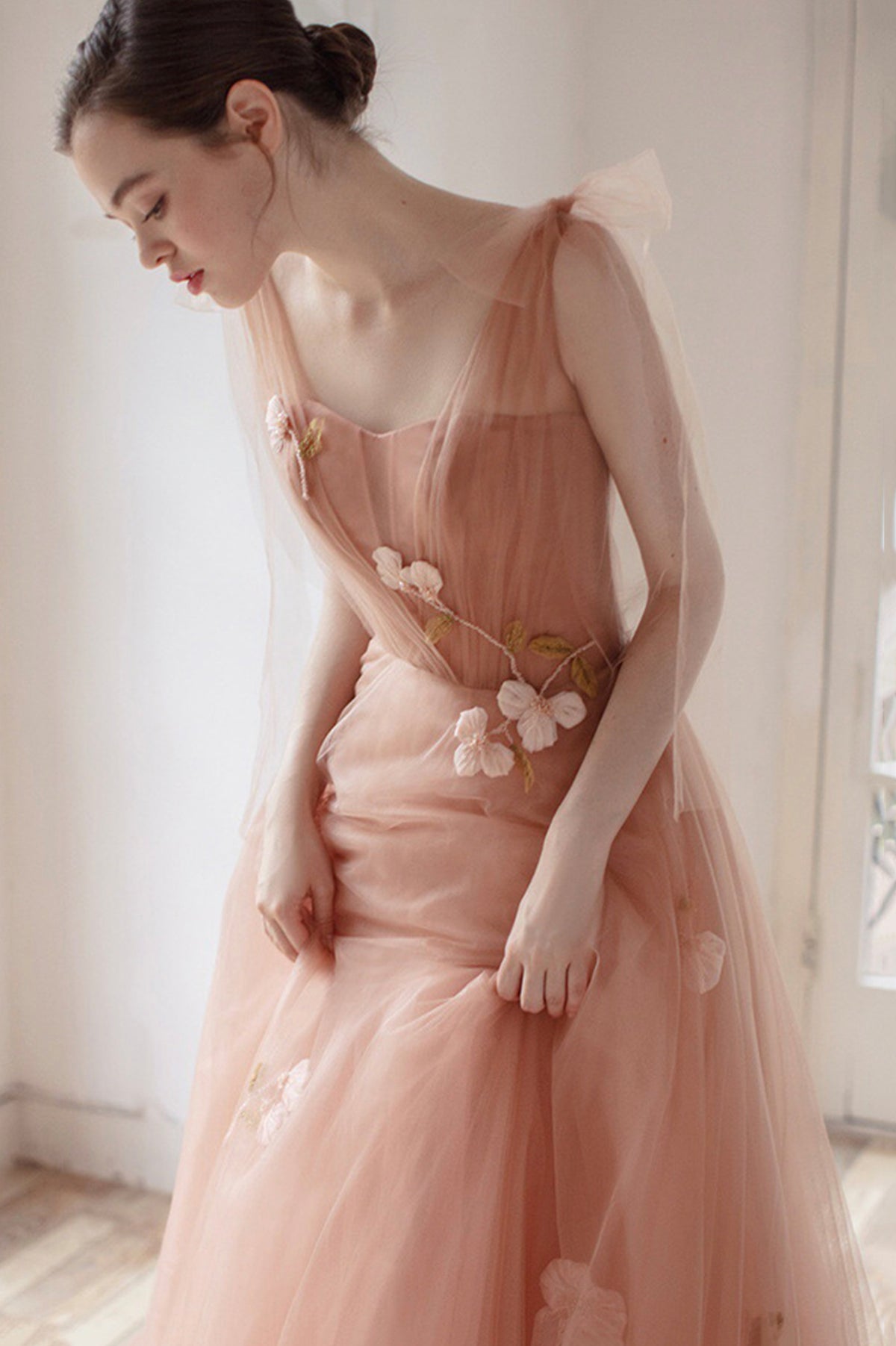 Pink Tulle Long A-Line Prom Dress, Cute Graduation Dress