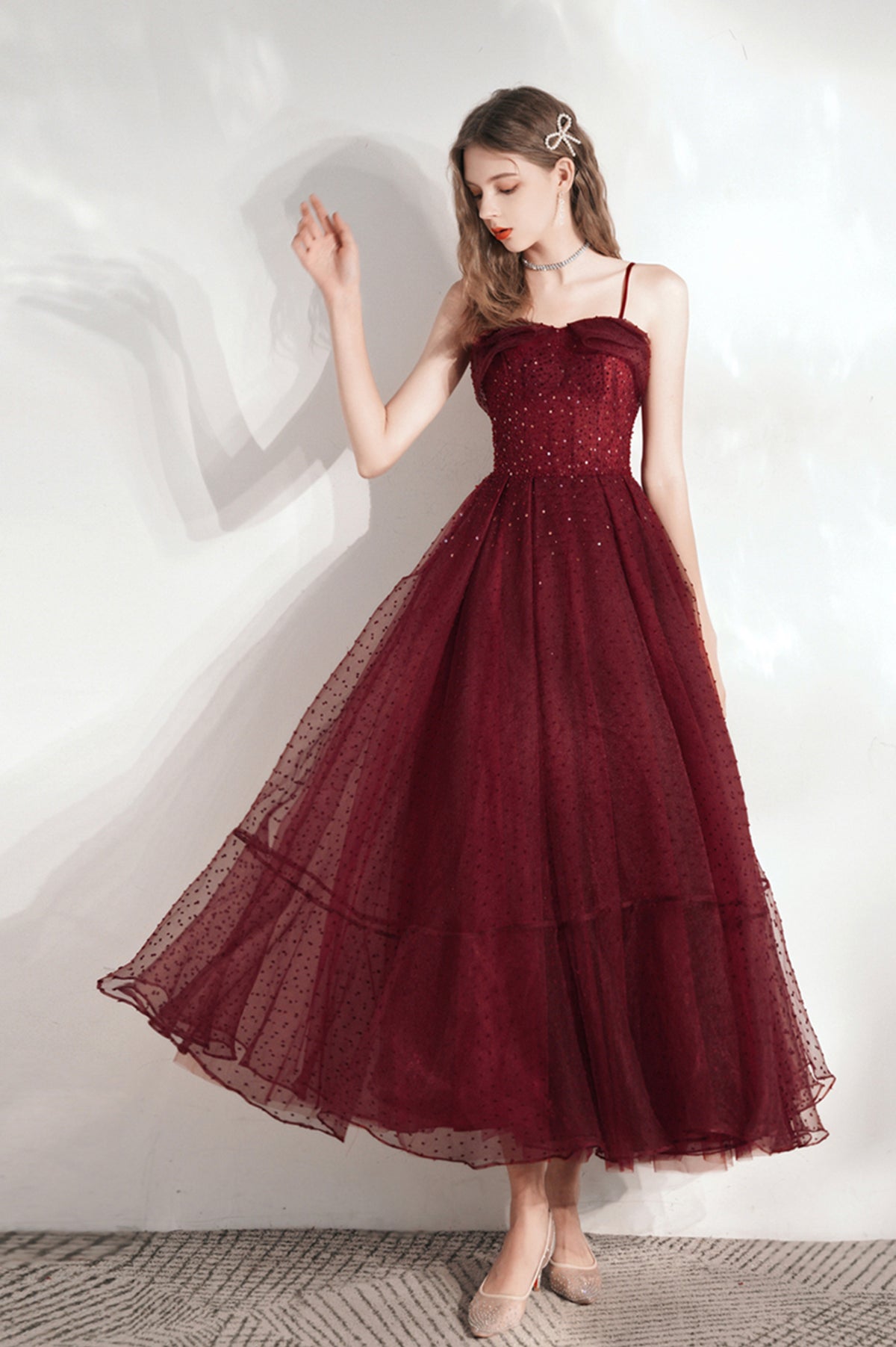 Burgundy Tulle Sequins Short Prom Dress, A-Line Homecoming Party Dress