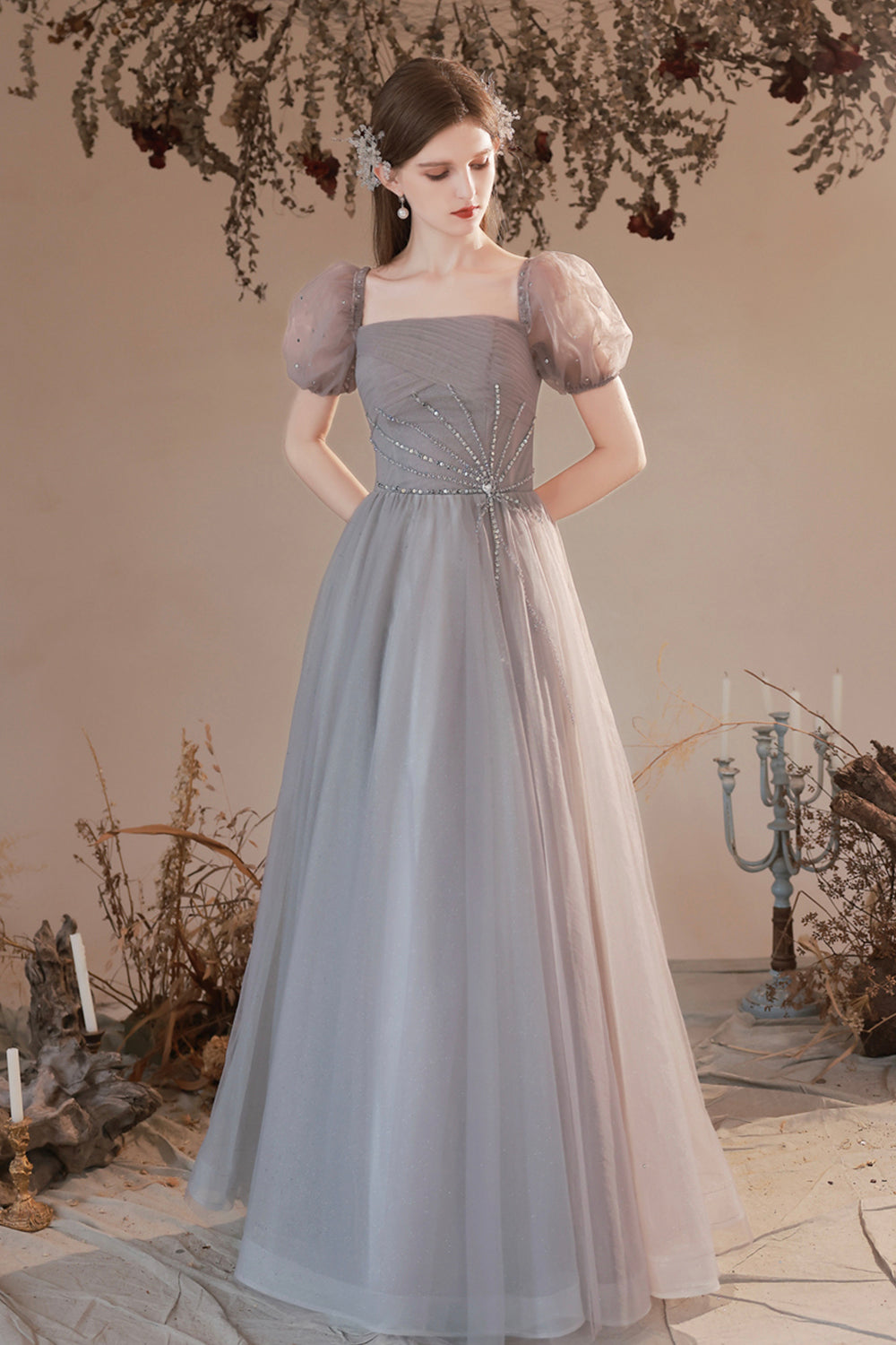 Gray Tulle Beaded Long Prom Dress, Lovely Short Sleeve Evening Graduat Gray Tulle Beaded Long Prom Dress, Lovely Short Sleeve Evening Graduat