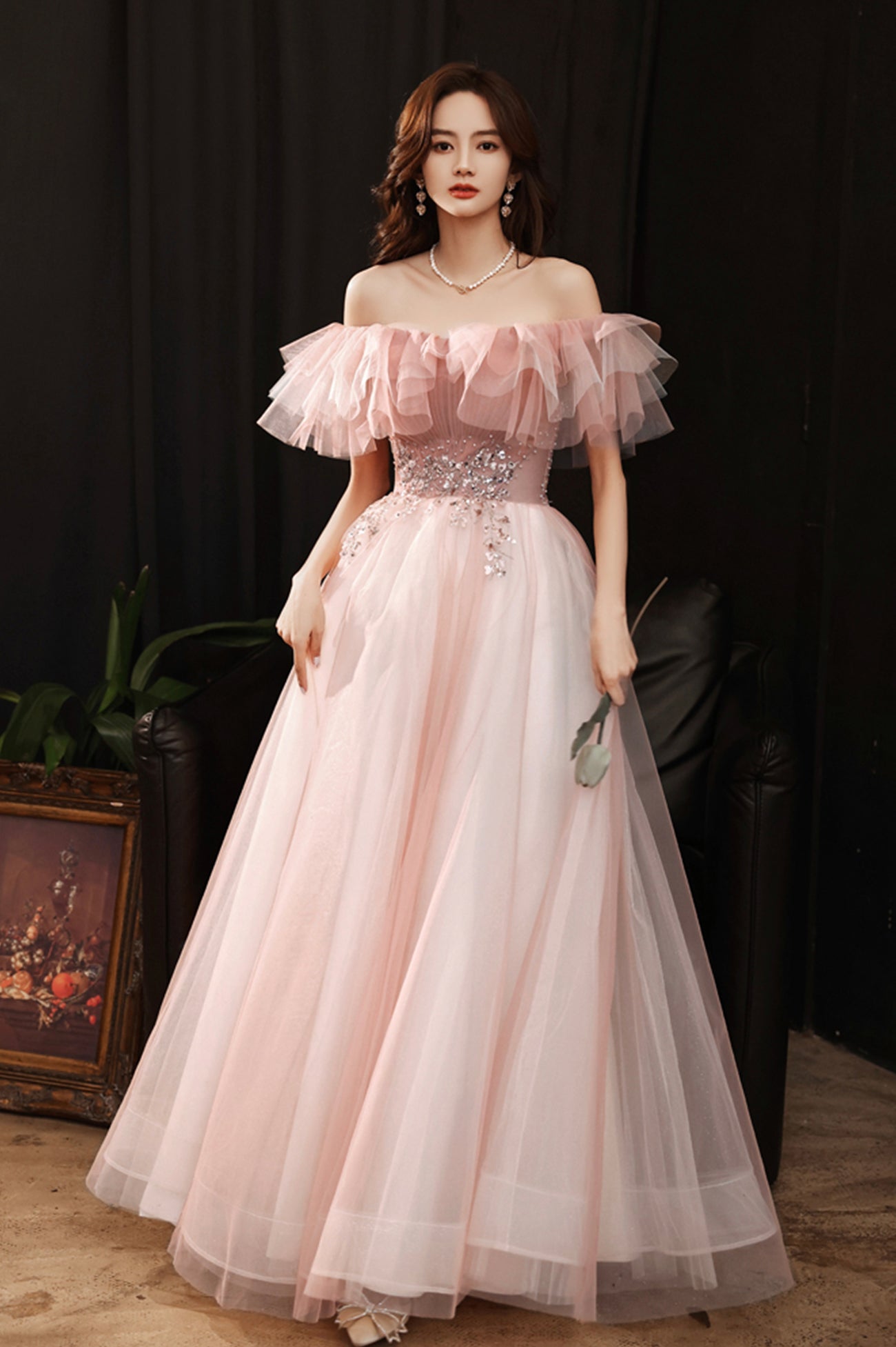 Pink Tulle Off the Shoulder Prom Dress, Lovely A-Line Graduation Dress