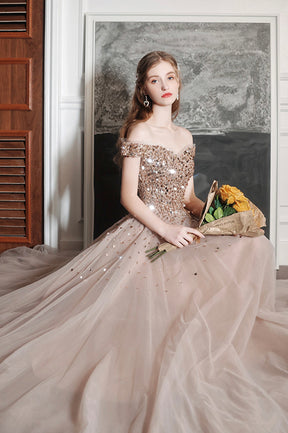 A-Line Tulle Long Prom Dress with Sequins, Lovely Off the Shoulder Evening Dress