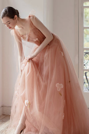Pink Tulle Long A-Line Prom Dress, Cute Graduation Dress