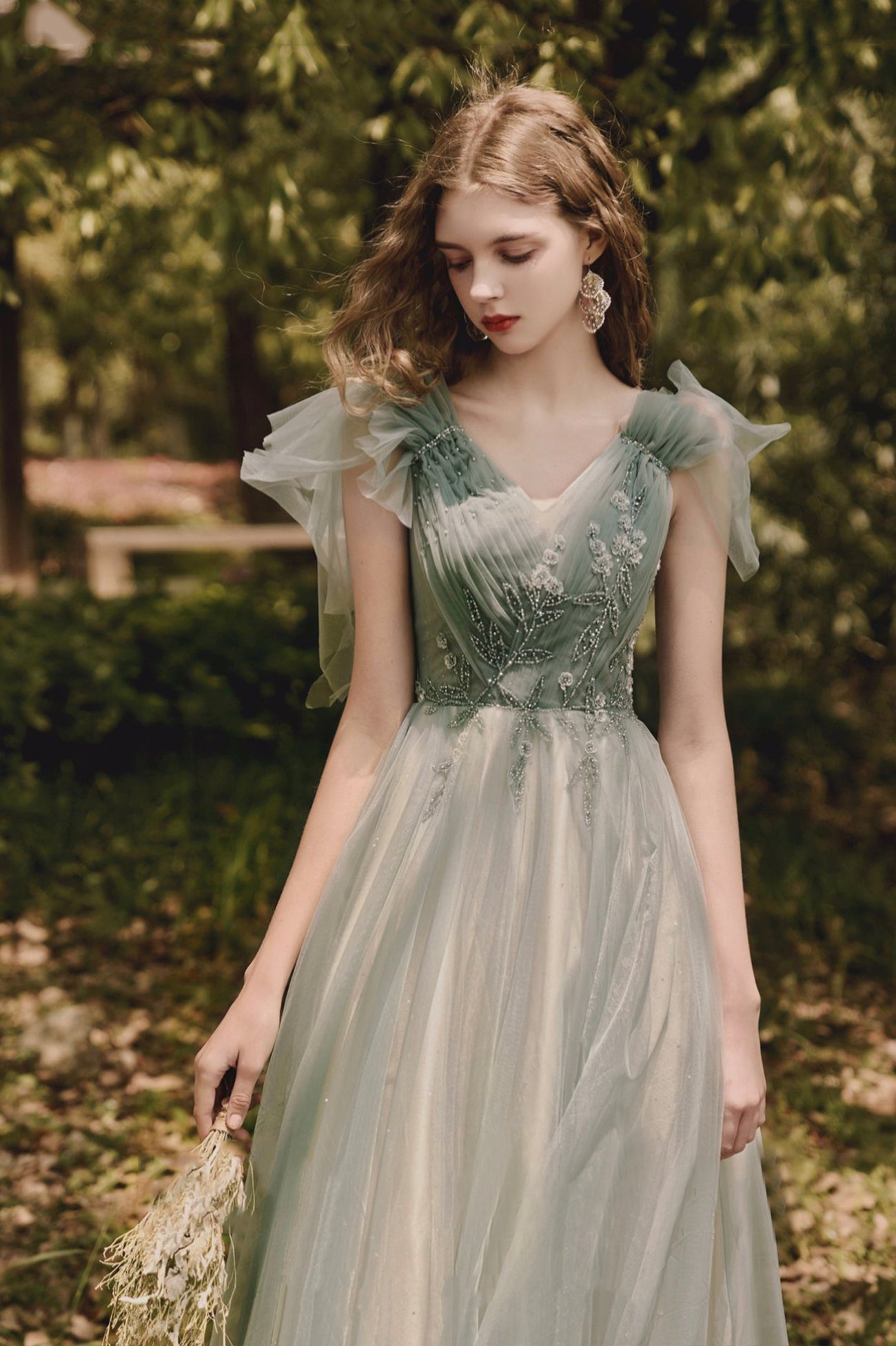 Green V-Neck Tulle Long Prom Dress, A-Line Evening Party Dress