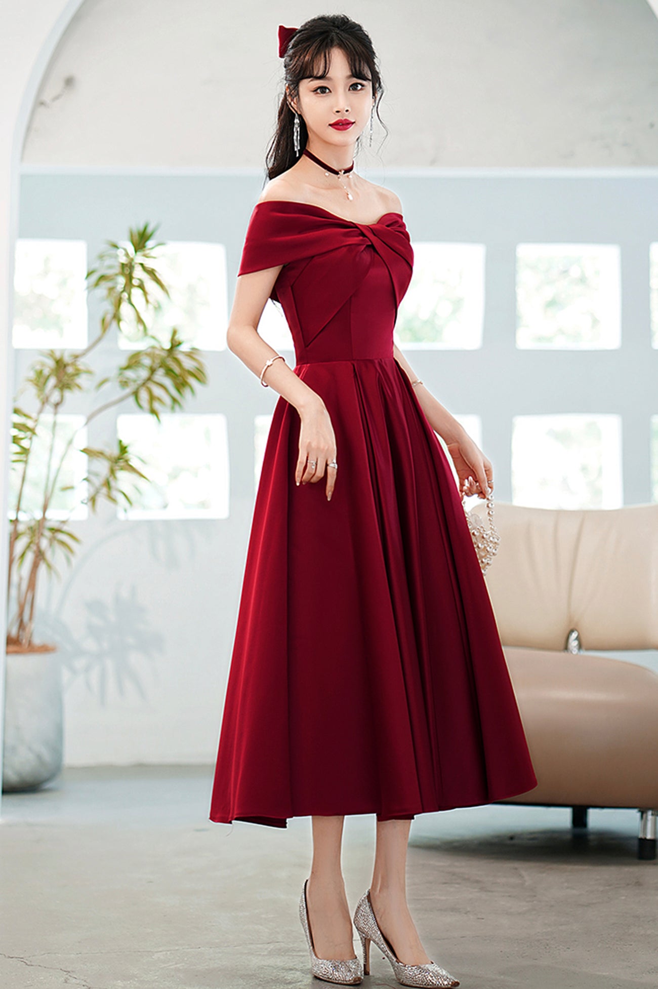 Burgundy Satin Short A-Line Prom Dress, Off the Shoulder Homecoming Pa Burgundy Satin Short A-Line Prom Dress, Off the Shoulder Homecoming Pa