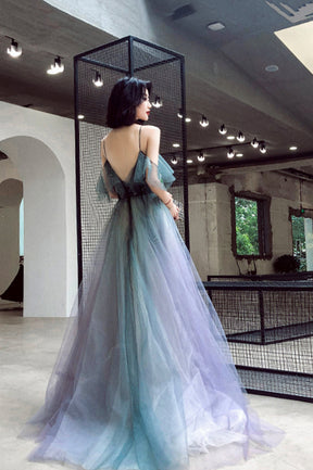 Stylish V-Neck Gradient Tulle Long Prom Dress, A-Line Backless Evening Party Dress