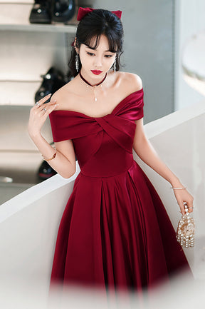 Burgundy Satin Short A-Line Prom Dress, Off the Shoulder Homecoming Party Dress