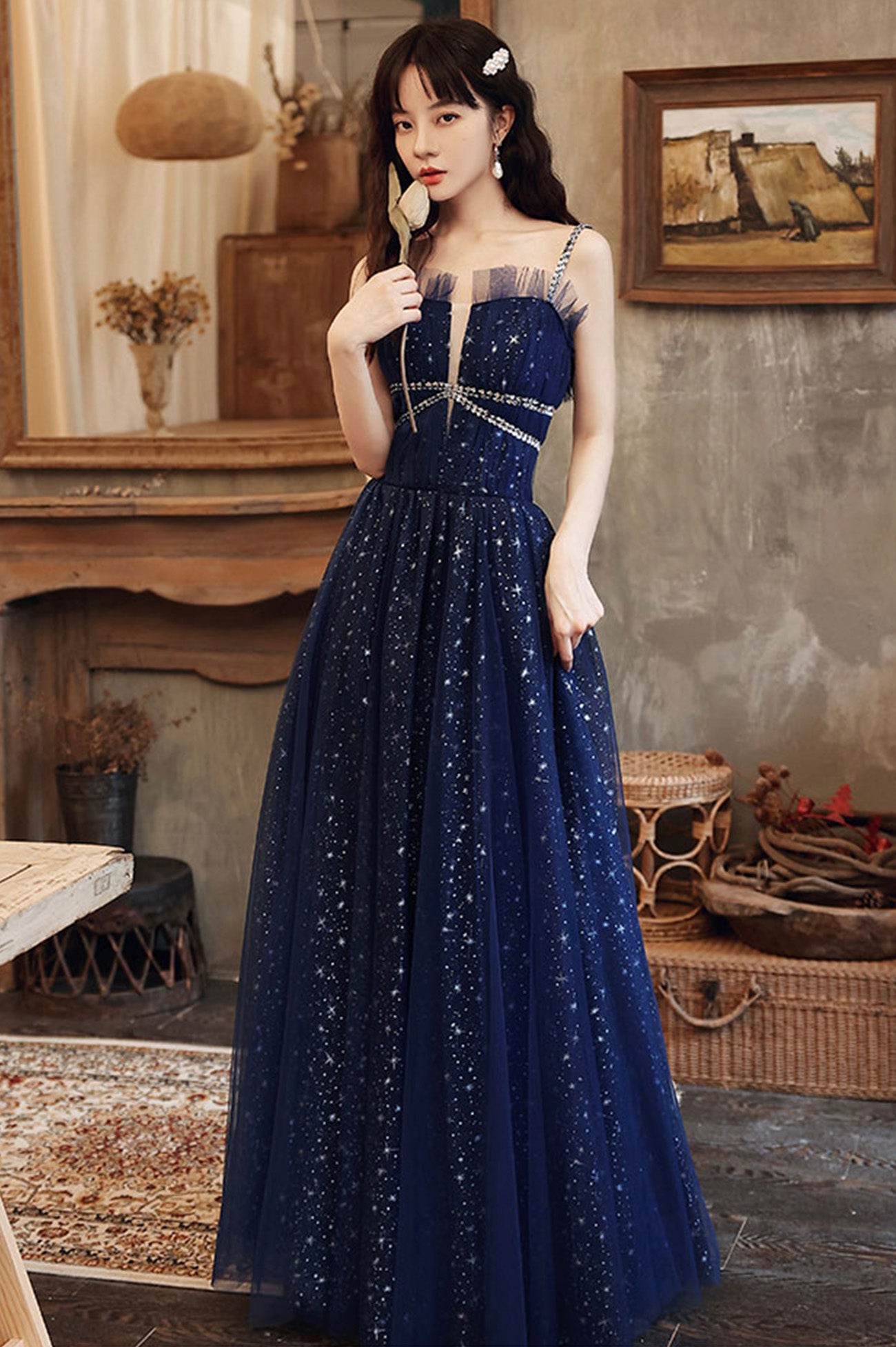Blue Spaghetti Strap Tulle Prom Dress, A-Line Evening Graduation Dress