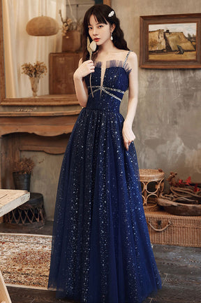 Blue Spaghetti Strap Tulle Prom Dress, A-Line Evening Graduation Dress