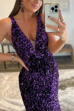Purple Sequins Long Mermaid Prom Dress, Shiny V-Neck Evening Dress