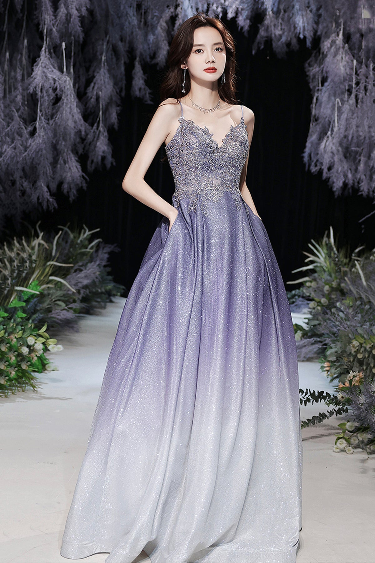 Purple V-Neck Lace Long Prom Dress, Purple Gradient Party Dress with Pockets