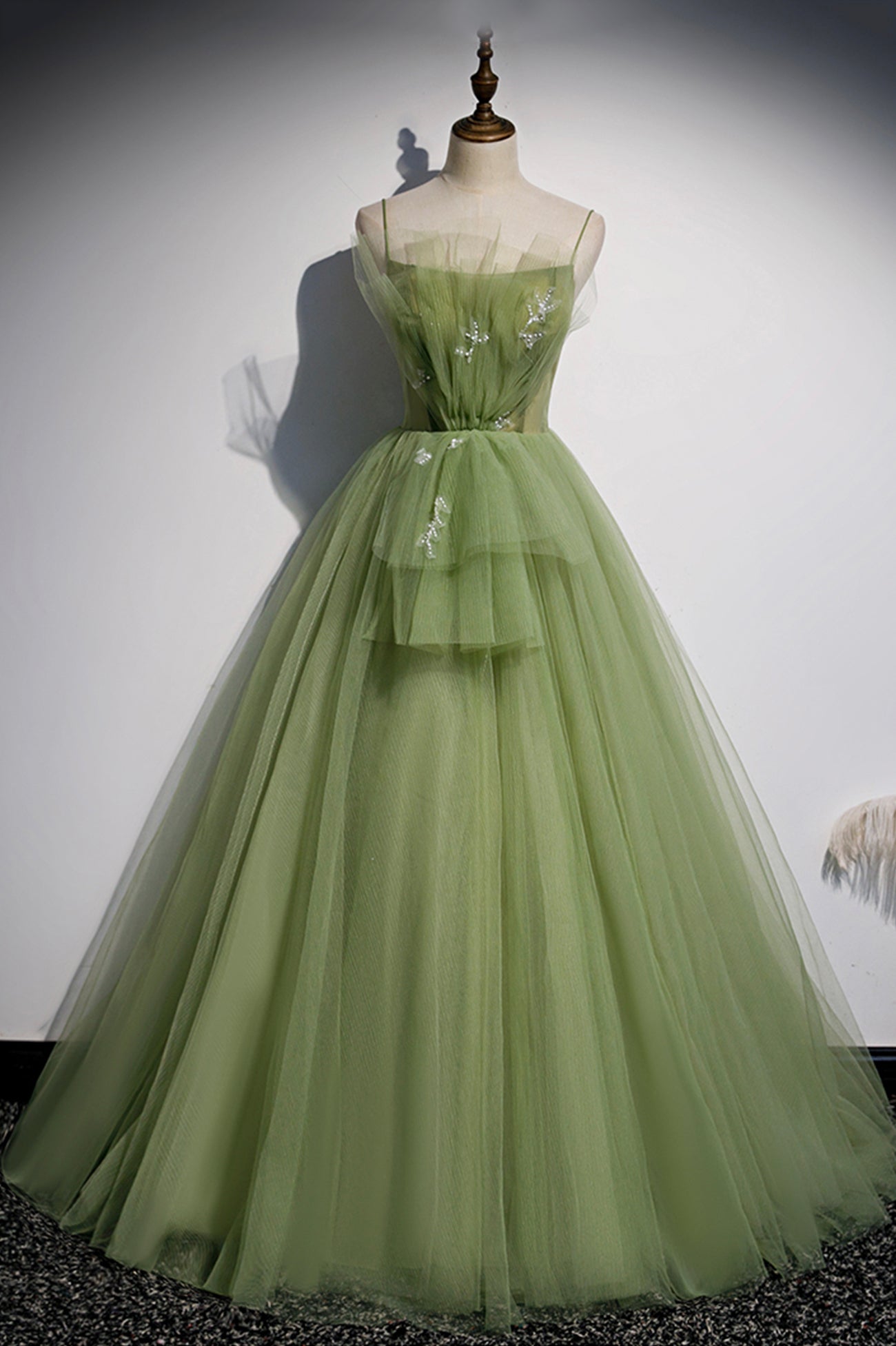 Green Scoop Tulle Floor Length Prom Dress, A-Line Green Formal Dress