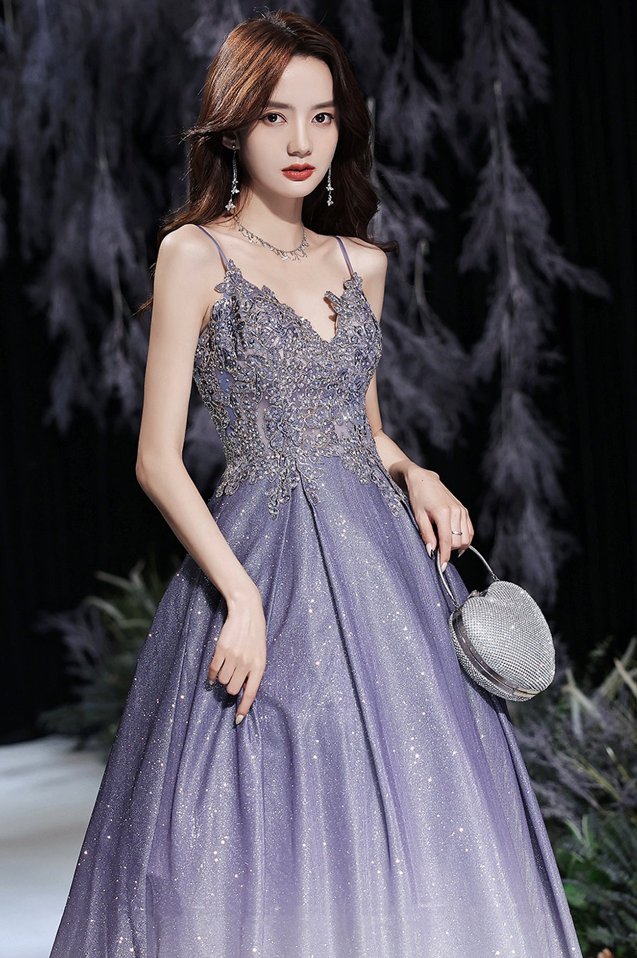 Purple V-Neck Lace Long Prom Dress, Purple Gradient Party Dress with P Purple V-Neck Lace Long Prom Dress, Purple Gradient Party Dress with P