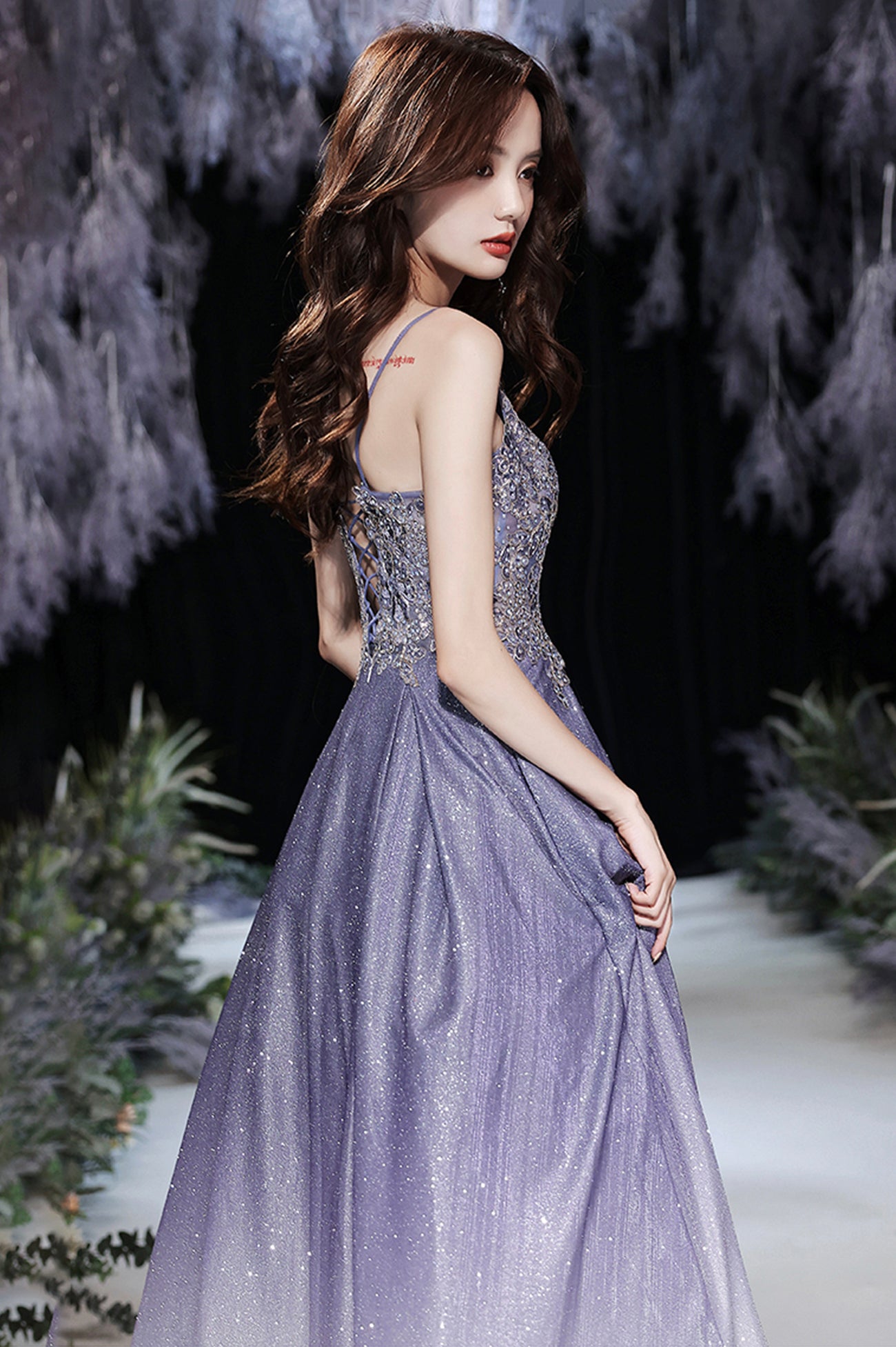 Purple V-Neck Lace Long Prom Dress, Purple Gradient Party Dress with Pockets
