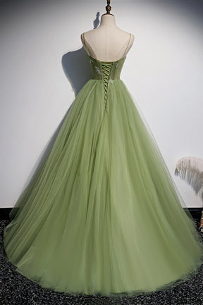 Green Scoop Tulle Floor Length Prom Dress, A-Line Green Formal Dress