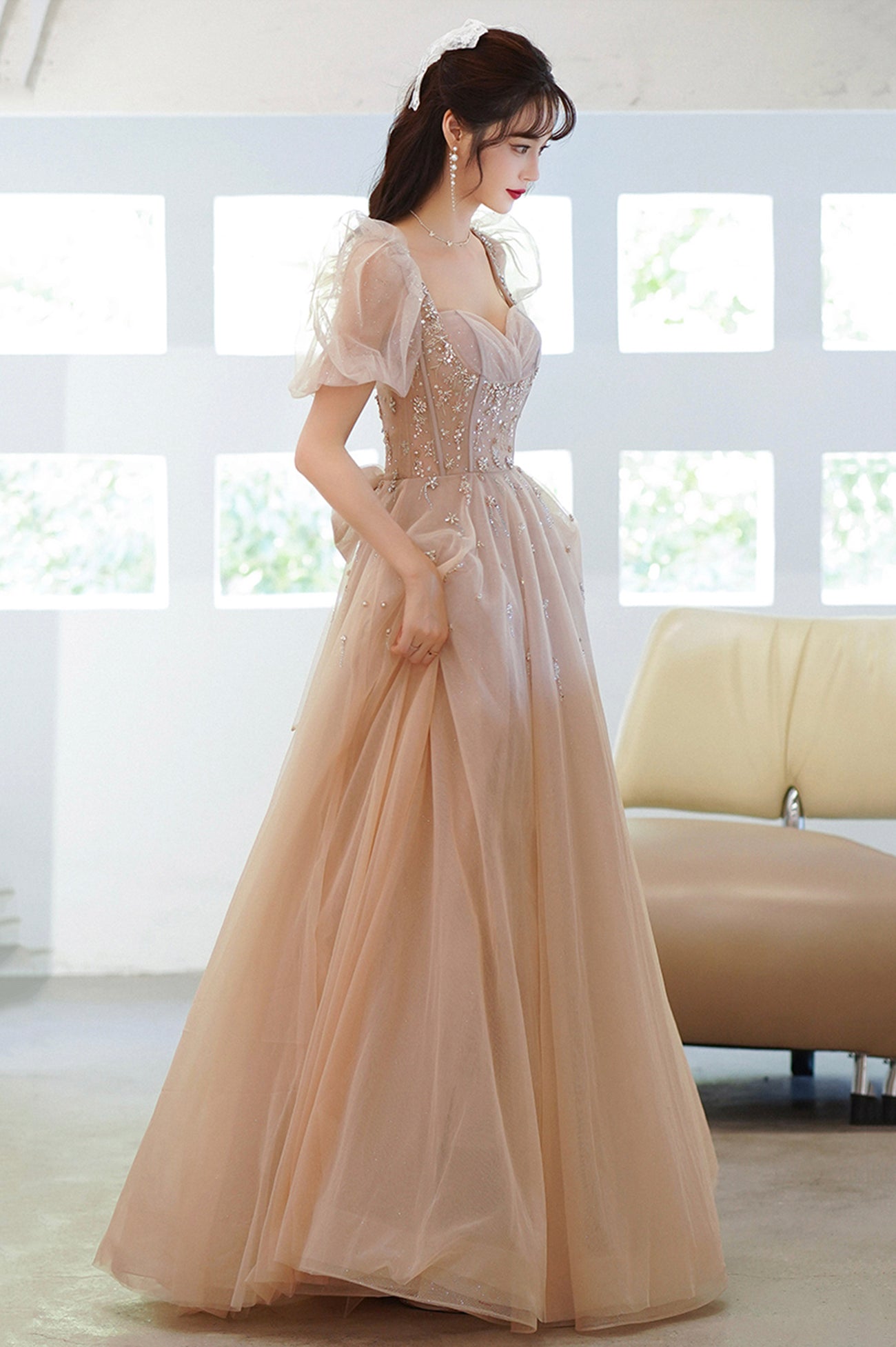 Cute Tulle Beaded Long Prom Dress, A-Line Short Sleeve Evening Dress with Bow