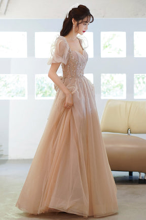 Cute Tulle Beaded Long Prom Dress, A-Line Short Sleeve Evening Dress with Bow