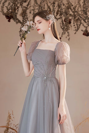 Gray Tulle Beaded Long Prom Dress, Lovely Short Sleeve Evening Graduation Dress