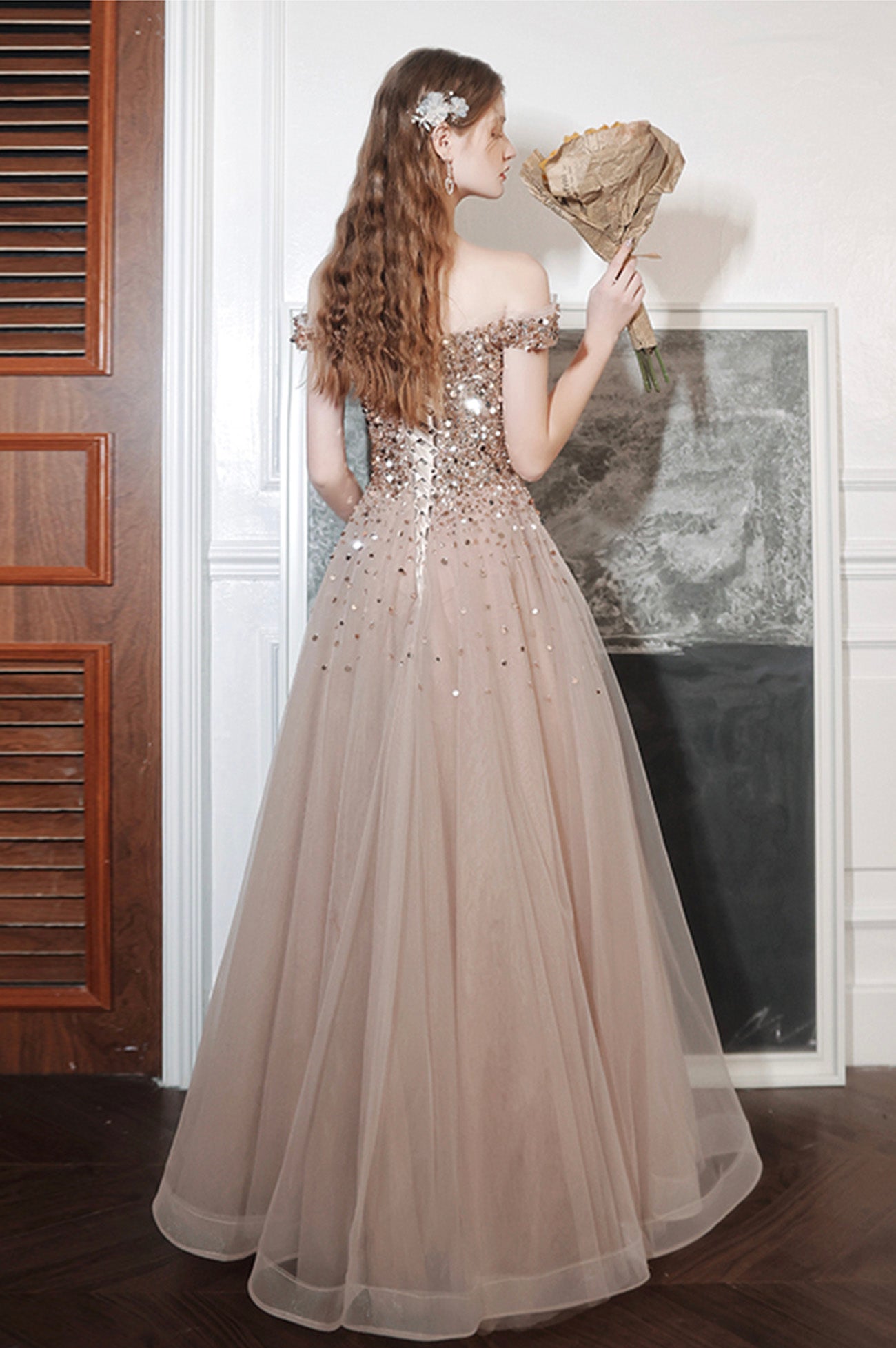 A-Line Tulle Long Prom Dress with Sequins, Lovely Off the Shoulder Evening Dress