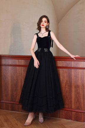 Black Velvet Tulle Long A-Line Prom Dress, Black Evening Party Dress