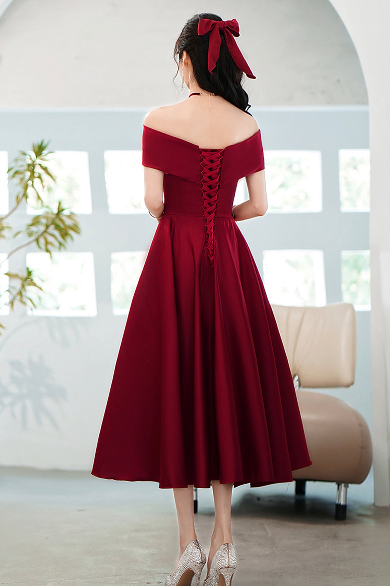 Burgundy Satin Short A-Line Prom Dress, Off the Shoulder Homecoming Pa Burgundy Satin Short A-Line Prom Dress, Off the Shoulder Homecoming Pa