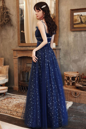 Blue Spaghetti Strap Tulle Prom Dress, A-Line Evening Graduation Dress