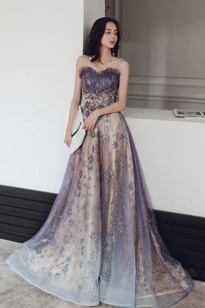 Purple Tulle Sequins Long Prom Dress, A-Line Strapless Evening Party Dress