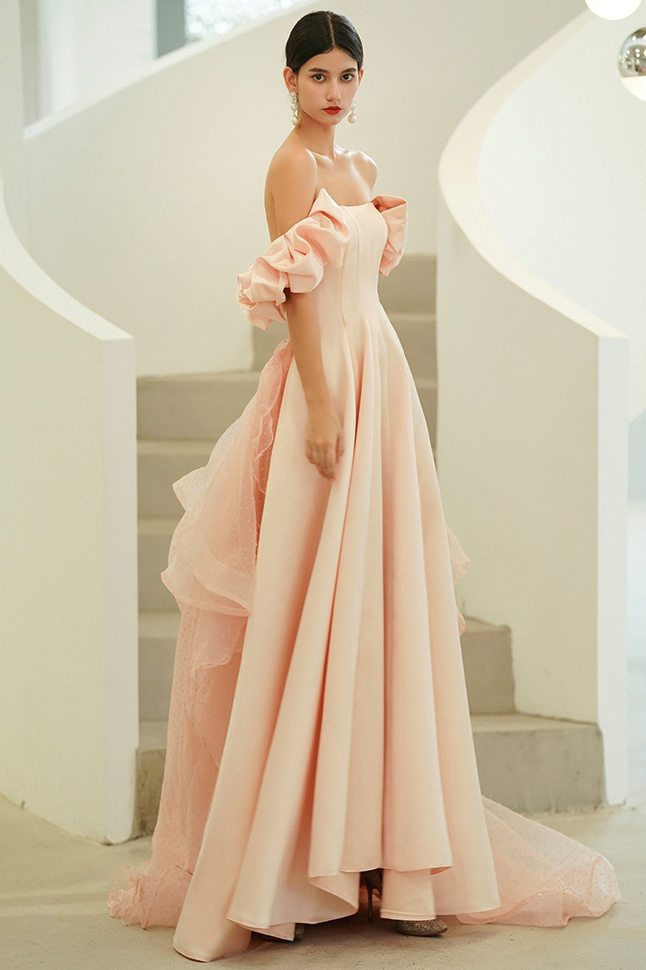 Pink Satin Long A-Line Prom Dress, Pink Strapless Evening Party Dress
