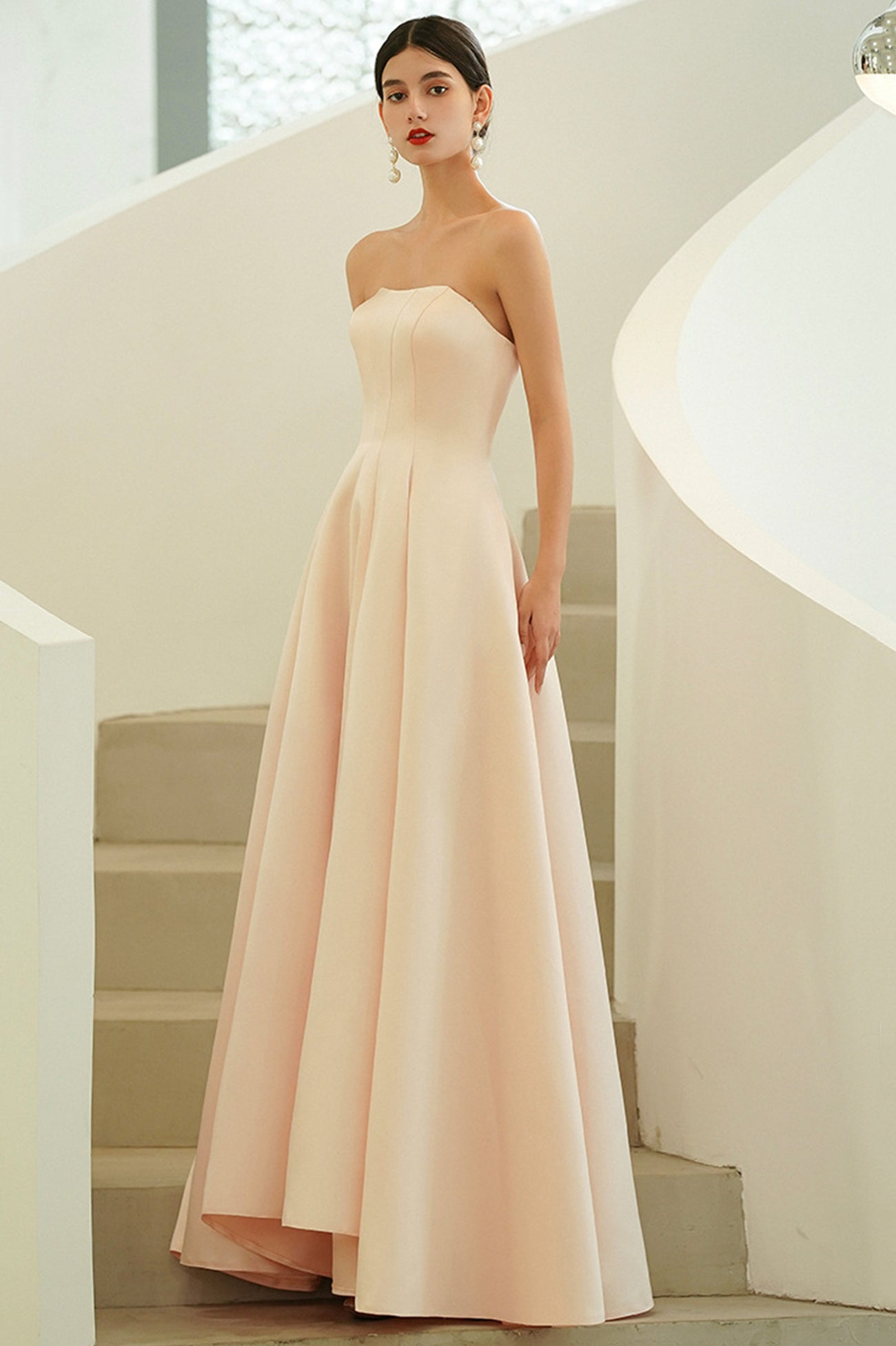 Pink Satin Long A-Line Prom Dress, Pink Strapless Evening Party Dress